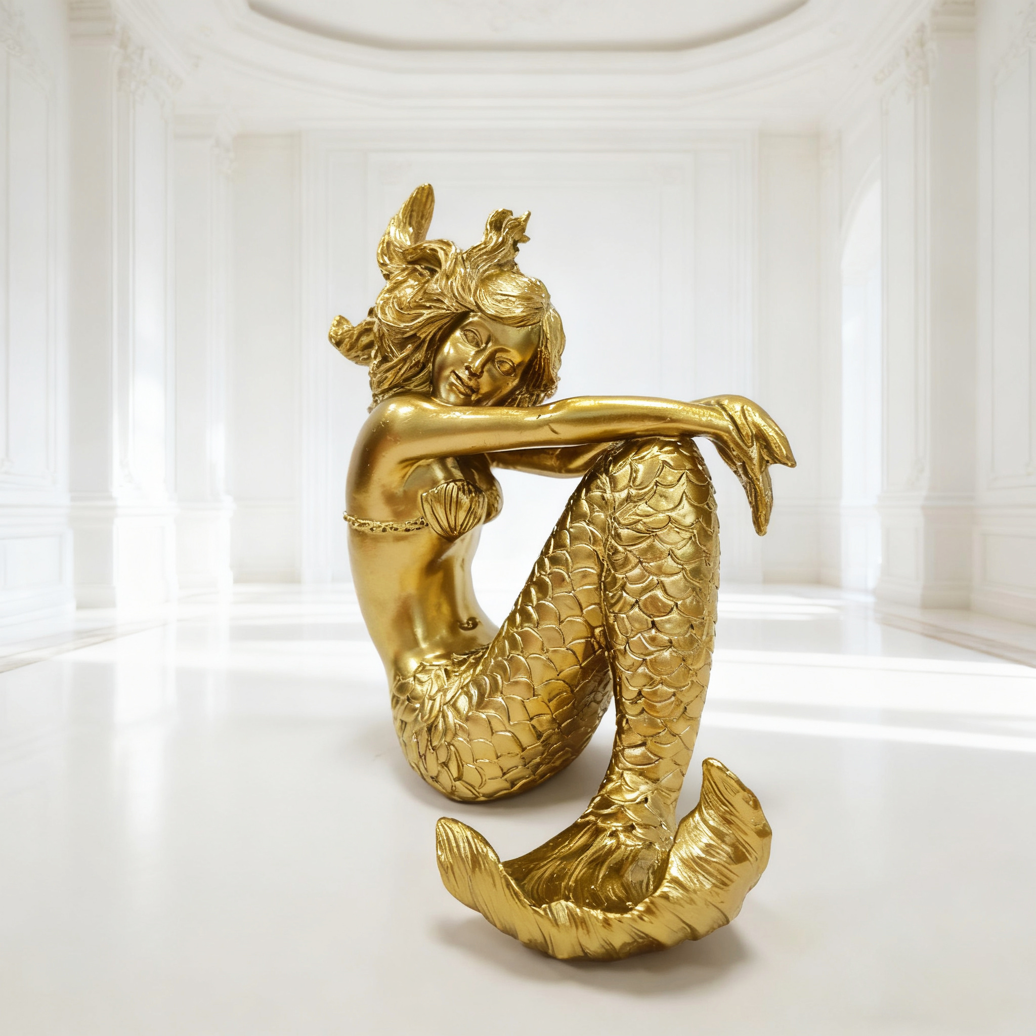 Large Golden Mermaid Ornament, Metallic Texture Resin Decoration