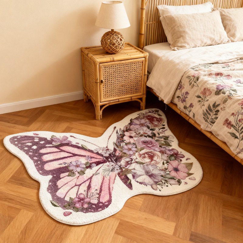 photo de l'article [produit] tapis imitation   1pc rétro papillon floral, tapis de chevet de chambre irégulier dopamine  , tapis de table de canapé asymétrique moderne, tapis   et  , tapis de décoration intérieure