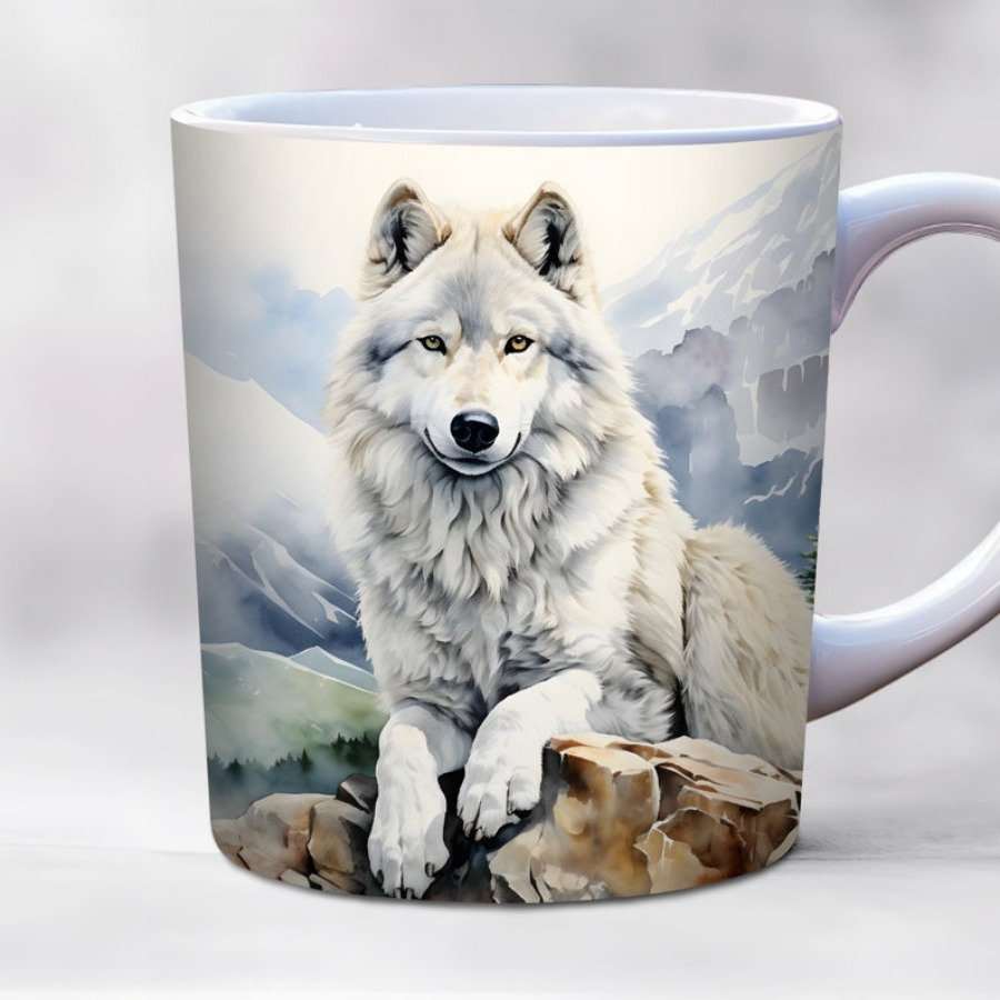 TEMU 1pc 11oz White Wolf Mug, Spiritual Animal Mug, Nature Mug, Nature Spiritual Home Decoration Coffee Mug, Wolf Sublimation, Gift For