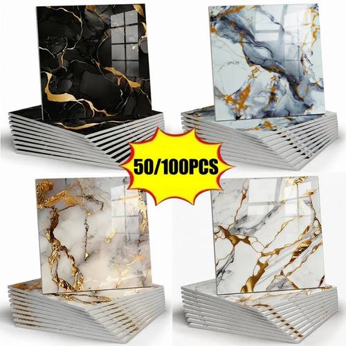 immagine dell'articolo confezione da 50/100 pannelli pvc impermeabili e - fogli lucidi a piastrelle dorate 30x30cm/11.8x11.8in adatti per pareti del bagno, copertura antispruzzo per cucina, pannelli rimovibili soffitto di umidità (senza residui di colla)