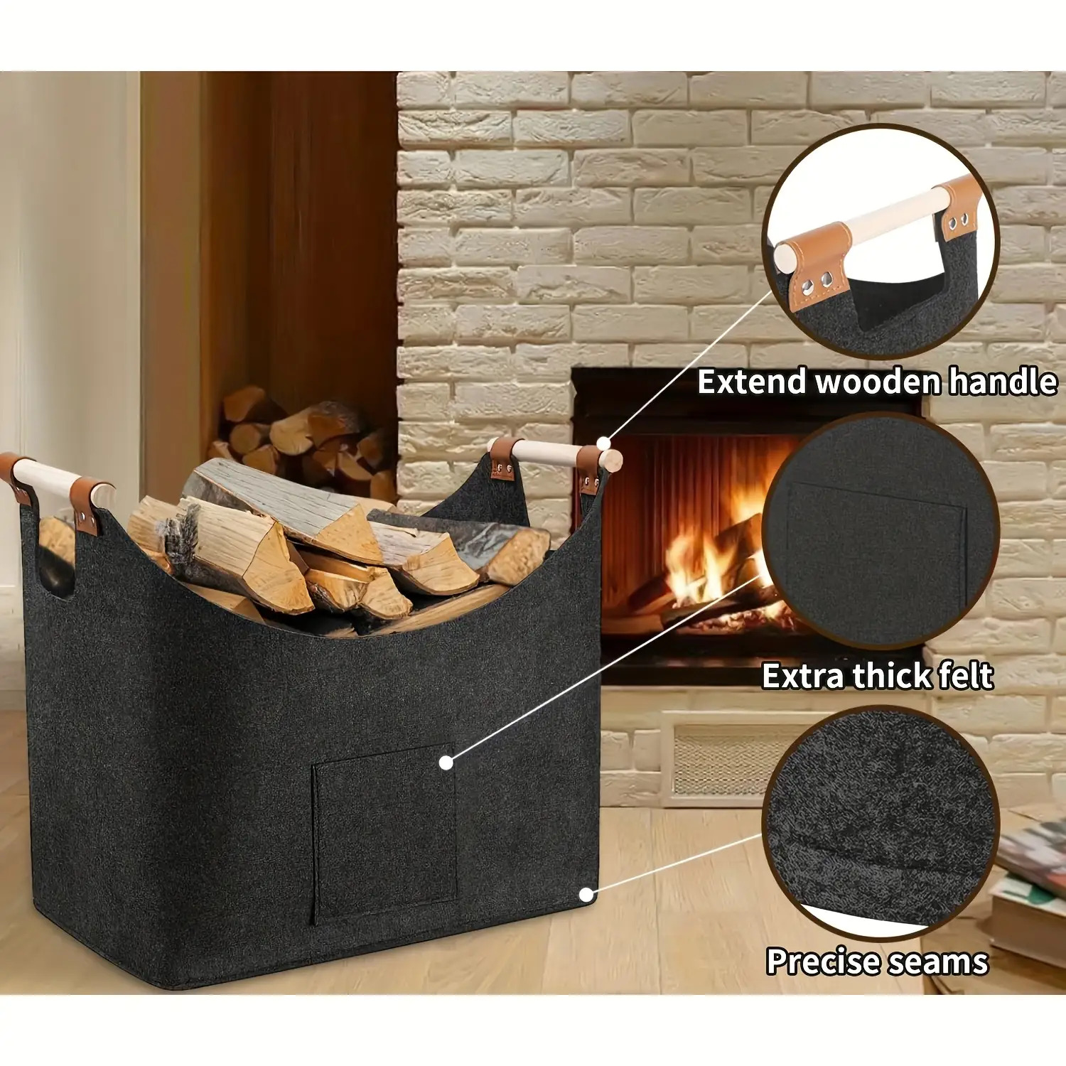 Image of 1 Large Wooden Fire Basket With A Thick Felt Blanket, A 60l Round Holder For Firewood, A Foldable Design With An Extended Handle Suitable For Indoor And Outdoor Fireplaces