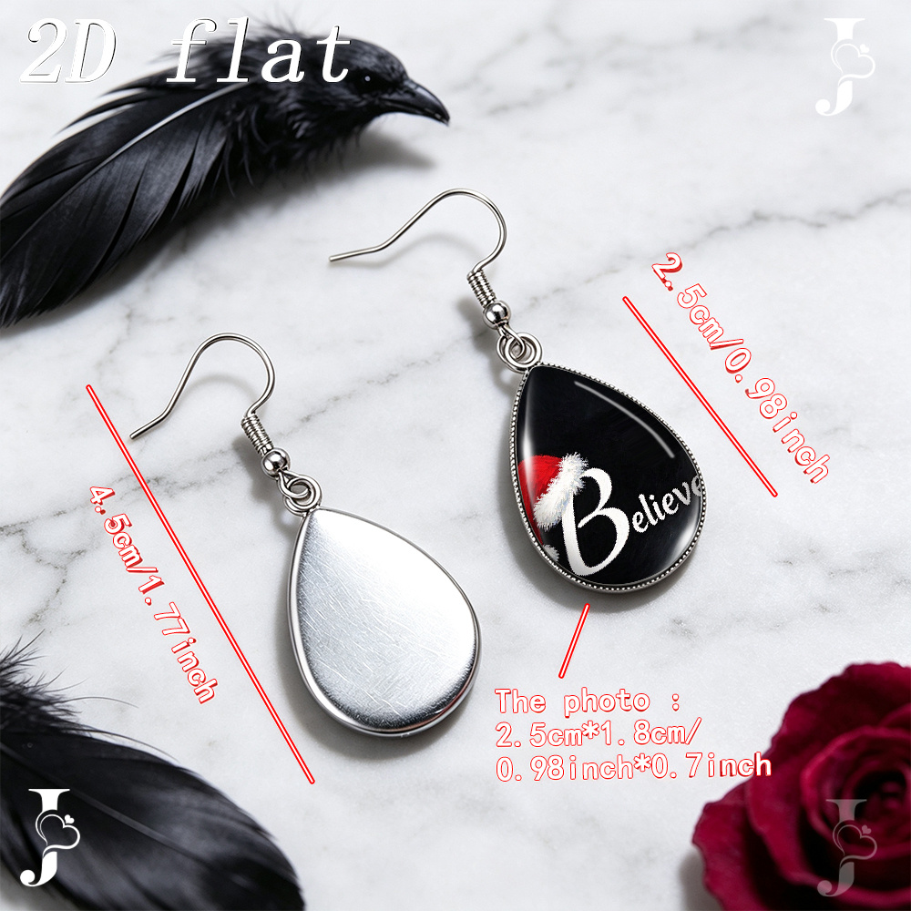 Teardrop Dangle Earrings with Santa Hat Text, Handmade Gift
