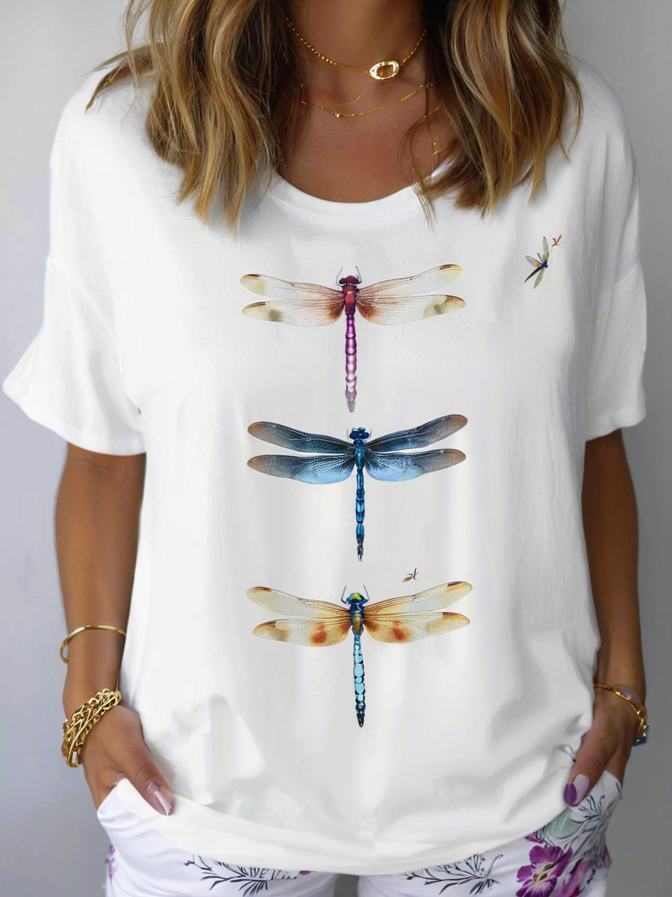 Dragonfly Print Crew Neck T Shirt Casual Short Sleeve T - Temu