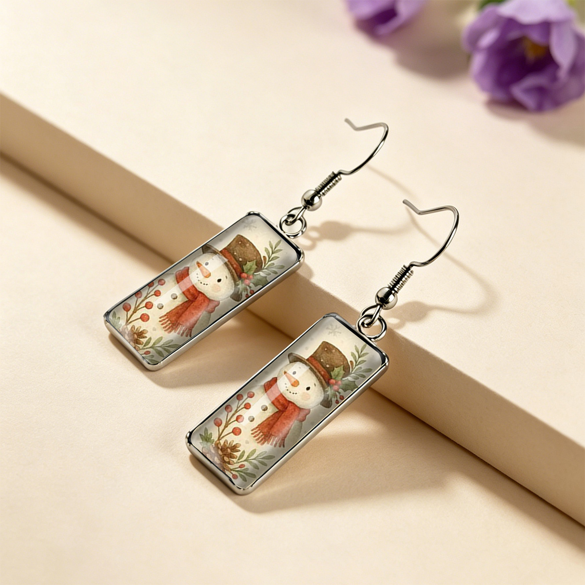 Vintage Top Hat Snowman Pattern Rectangular Earrings