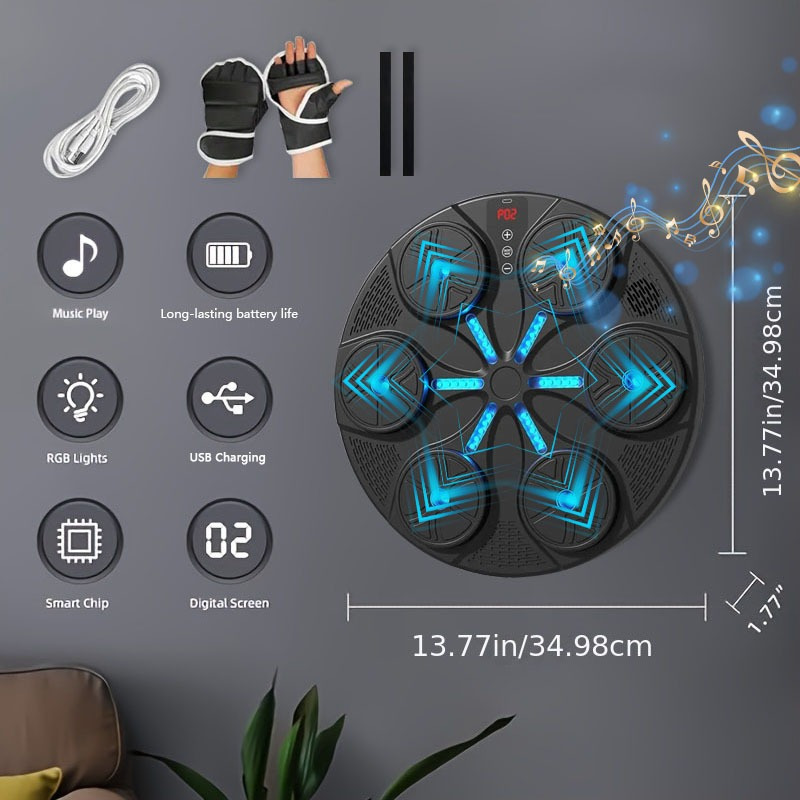 TEMU Entertainment Home Gym Smart Music Boxing Machine | 6 Zones | Durable Pp Material | Led Counter | Connects To Phone For Music | Includes Gloves, Usb Data Cable & Wall Strips For Indoor Workouts