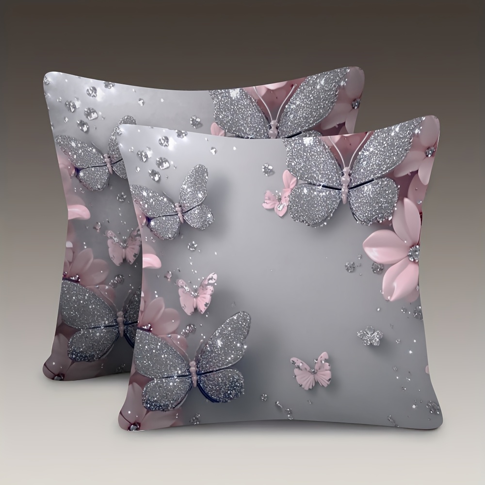 TEMU 2d 2pcs Light Luxury Silvery Pink Floral Print Pillowcases, Multi-sizes , Velvet Material, Single-sided Print Without Pillow Insert. Matte