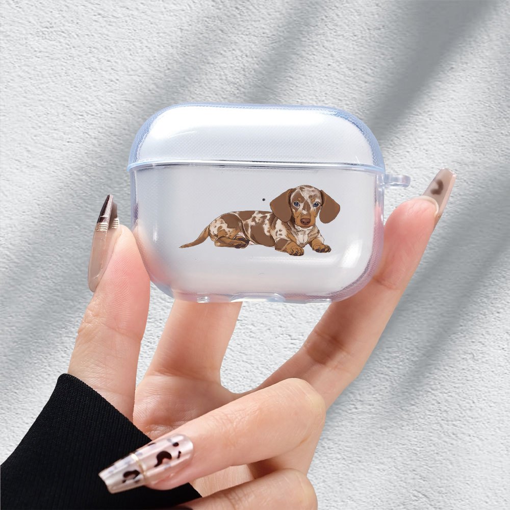 TEMU Trendy New Cartoon-style Dachshund Design | Flat Printed Transparent Shockproof Wireless Earphone Case, Compatible With For Iphone And For
