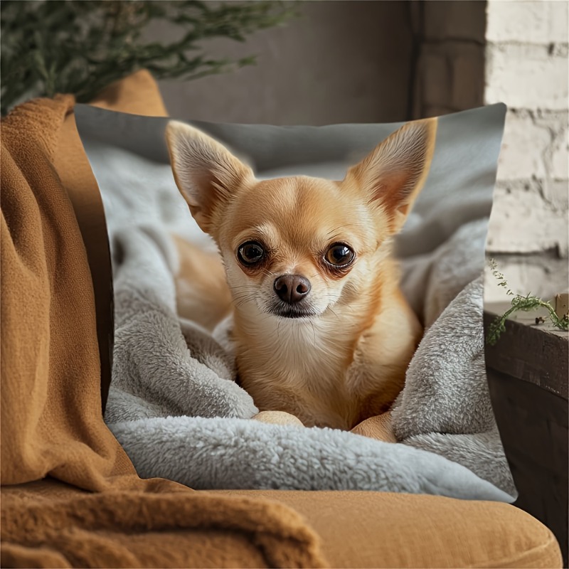 TEMU 2d Flat - 1pc Cute Chihuahua Pillowcase, 18x18 Inches - 2d Printed 100% Polyester With Zipper Closure, Machine Washable Modern Pet Theme Sofa