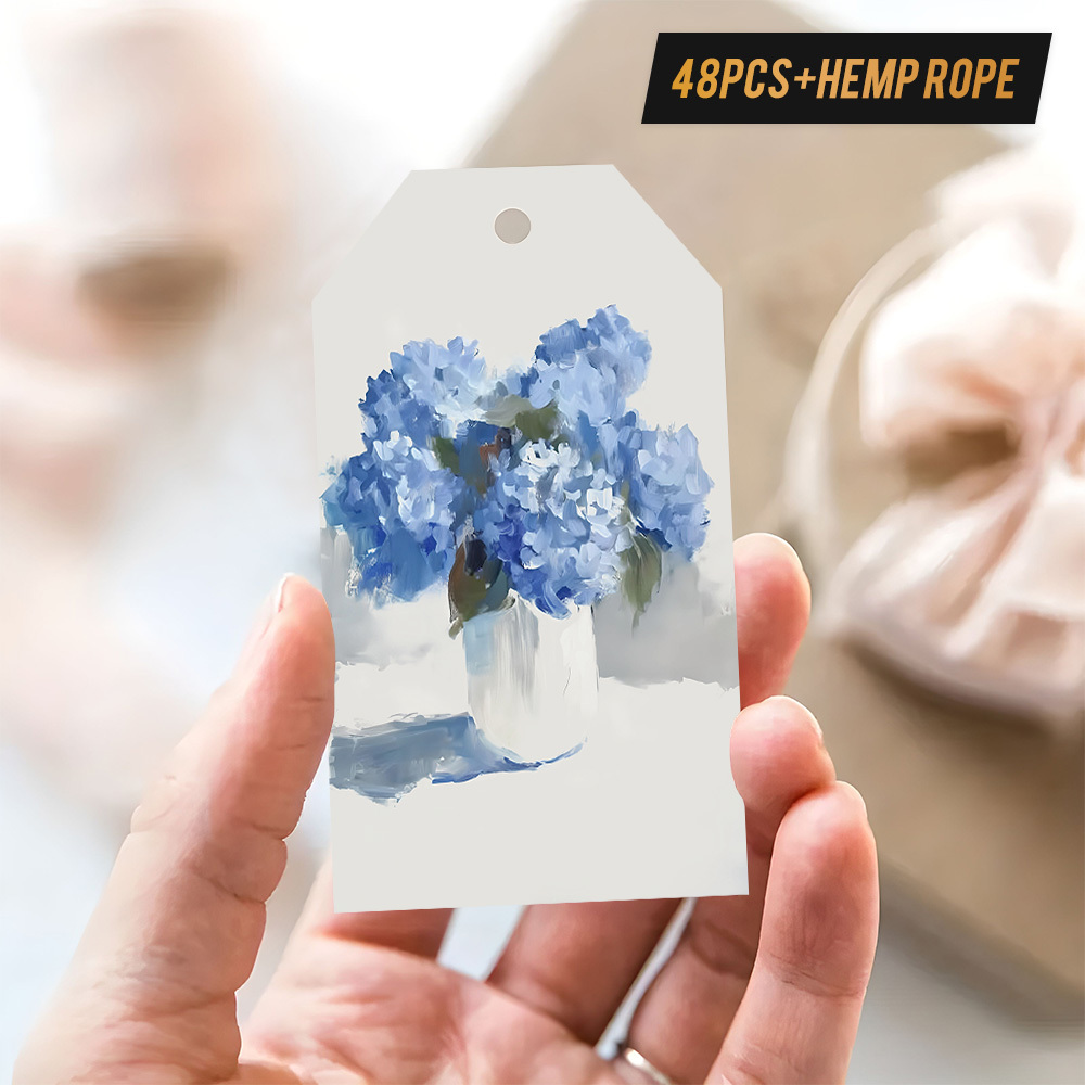 TEMU 48pièces Étiquettes de cadeau de remerciement avec corde de , affichant un bleues dans un vase, style peint , douce, pour les anniversaires, ,