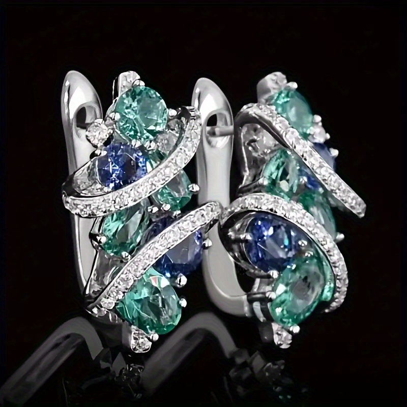 1 Pair Silvery Color Blue Green Stone Earrings Women Wedding Drop Earrings Jewelry, Without Battery