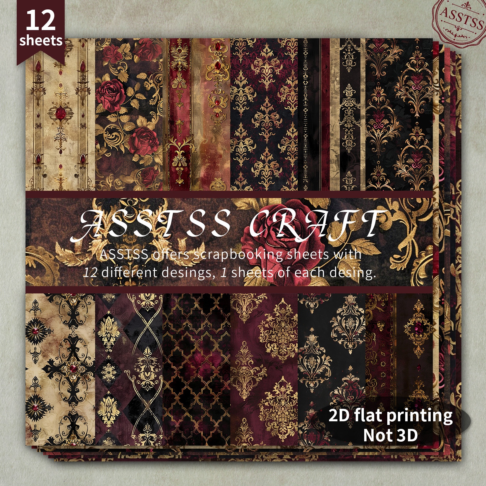 TEMU Bloc de papier scrapbooking ASSTSS de 12 feuilles, 6X6 pouces, texture vintage plate/volant 2D, papier cadeau rouge-rose doré de style gothique,