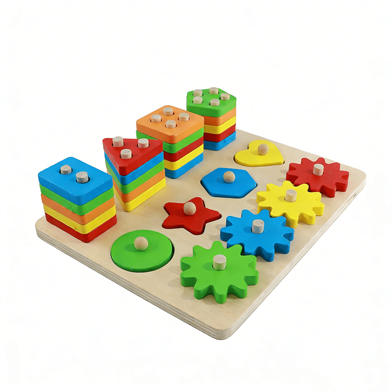 Image of Wooden Sorting Stacking Toys Puzzle For Kids Building Blocks Gears Preschool Fine Motor Skill Toy