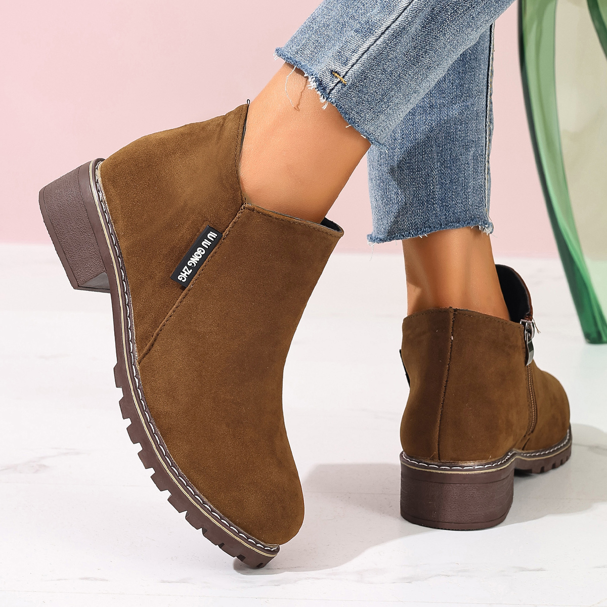 TEMU Women's Fashion Pointed Toe Ankle Boots, Side Zipper For Easy Closure, Chunky Heel Mid-heel Design, Suitable For , Wear-resistant Sole, Suitable