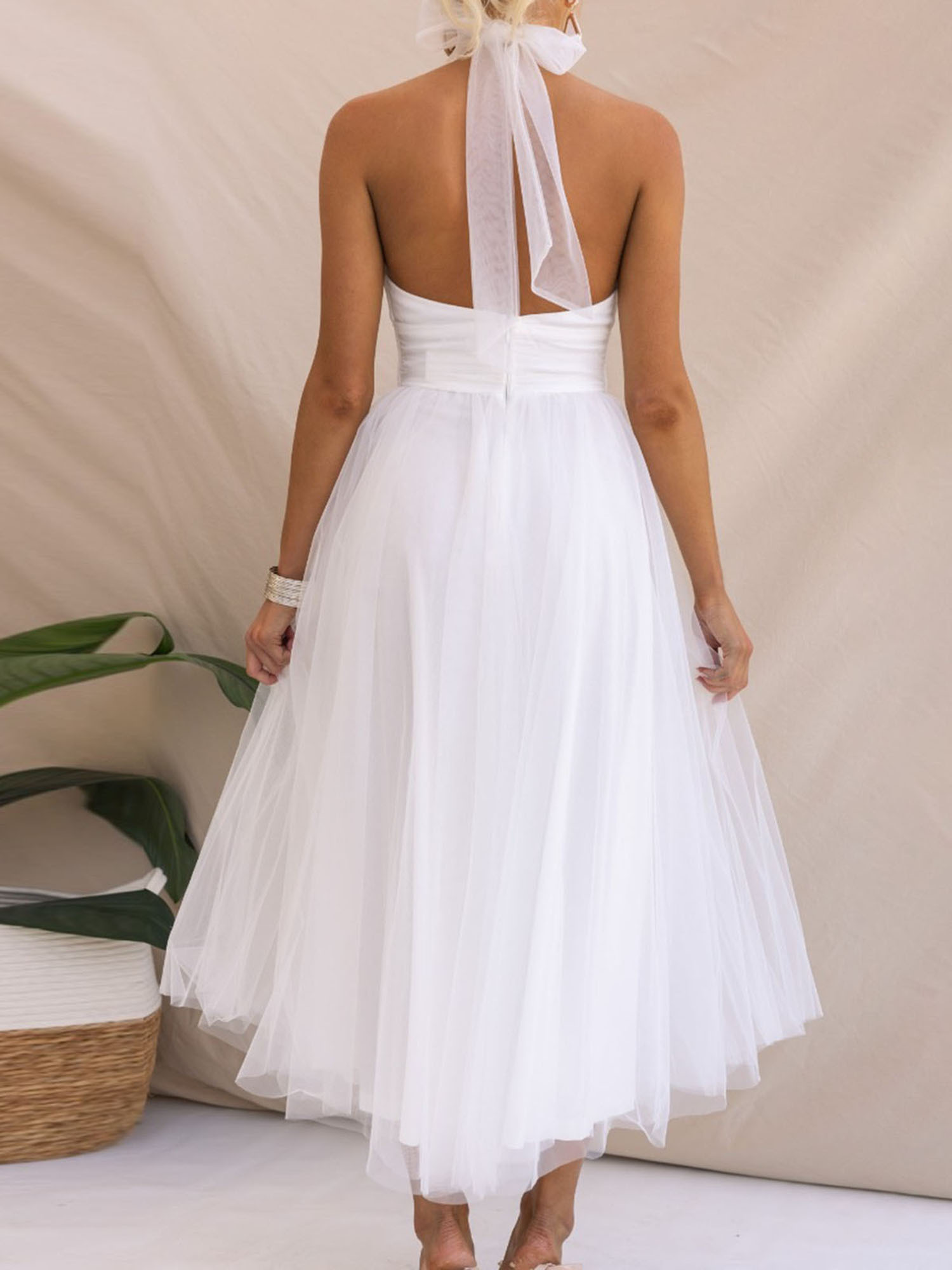 womens backless long dress adjustable tie halter neck tulle - Temu