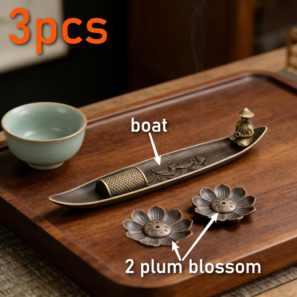 Image of 3pcs Traditional Alloy Boat Incense Holder Set With Incense Holder Holder | Plum Design, Straight Hole, Perfect For Decor Such As Christmas, Halloween, Easter, Hanukkah, Thanksgiving, Etc