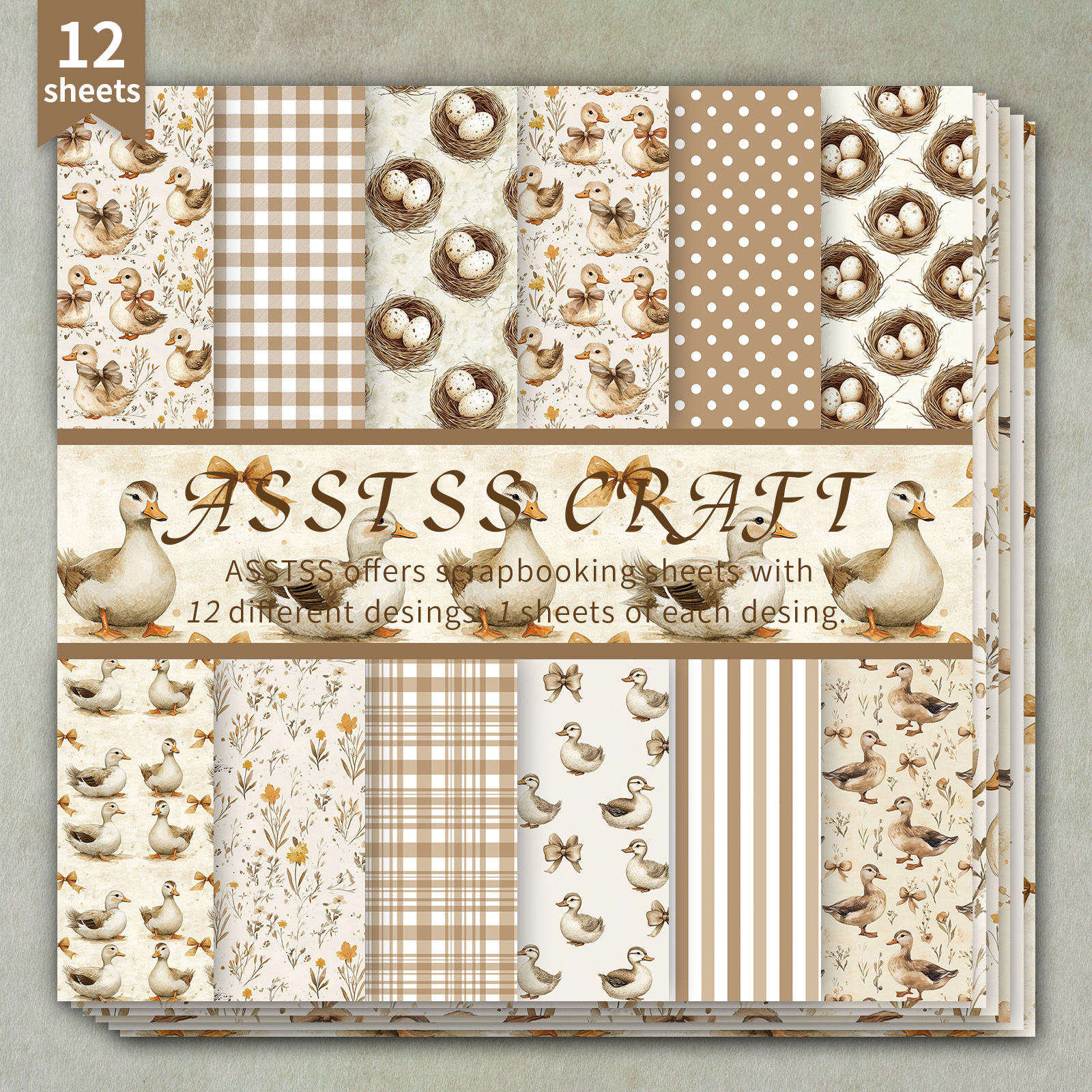 TEMU 12-sheet Asstss 6*6-inch Scrapbooking Paper Pad, Pastoral Duck Theme Style Style Backing Paper Supplies, Heavyweight Cardstock For Journaling,