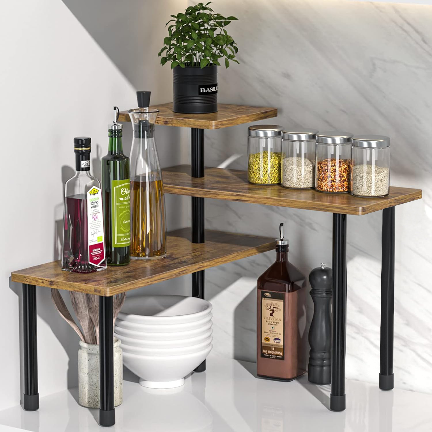 

3-tier Corner Storage Shelf - Space-saving, Rotatable Wooden Organizer For Kitchen & Bathroom Countertops, Ideal For Plants & Cosmetics