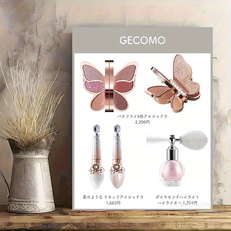 1pc GECOMO Luxury Butterfly Wing Eyeshadow Palette with Star Diamond Liquid Eyeshadow & Diamond Highlighter - 6 Colors + Sparkling Liquid Eyeshadow + Dual-Ended Applicator, Large Mirror-Finish Palette for Professional Makeup Looks, 12x18 Inch (30x45cm) Beauty Collection, Glam Makeup, Shimmer Finish, Longlasting Wear, Smooth Application, Cosmetic Lovers, Makeup Artists, 2D Flat, Perfect for Room Decor