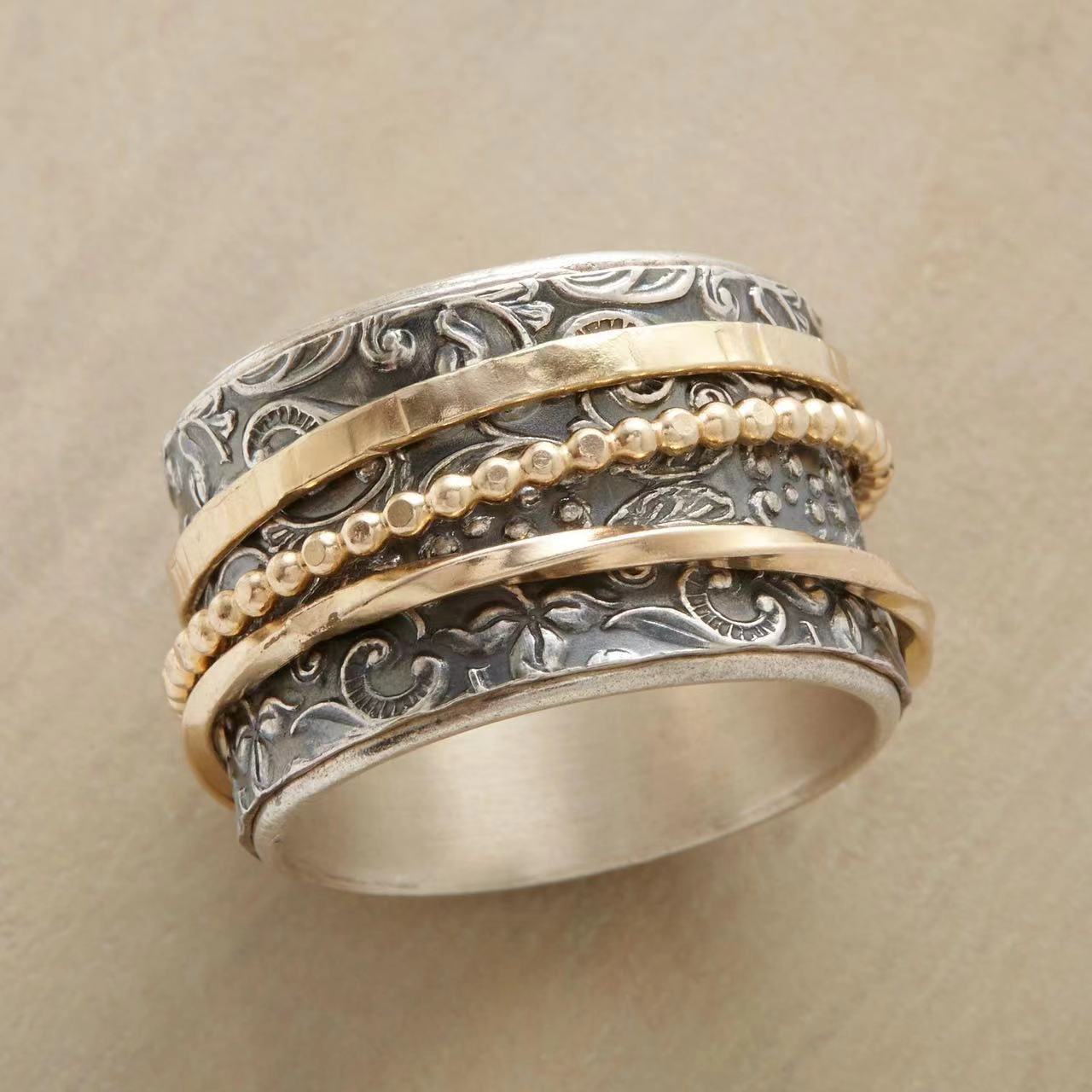 

Vintage-inspired Geometric Triple Layer Ring With Eternal Pattern - Mixed Color Alloy, Artistic Couples' Jewelry