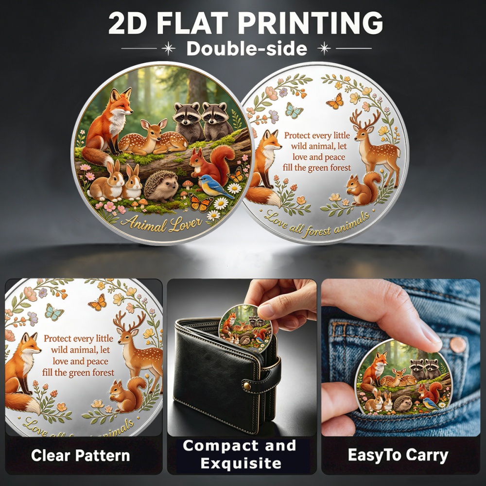 TEMU 2d Flat, 1pc, Forest Animal Theme Double-sided Commemorative Coin, Showcasing Love And Protection For Forest Animals, Suitable As A Birthday Or