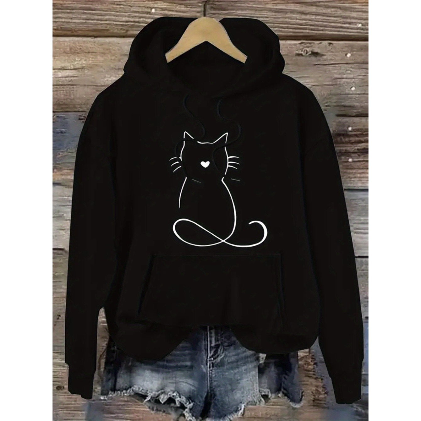 

Women's Cozy Hoodie With Cute Cat Print & Kangaroo Pocket - Casual Long Sleeve Knit For Fall/spring