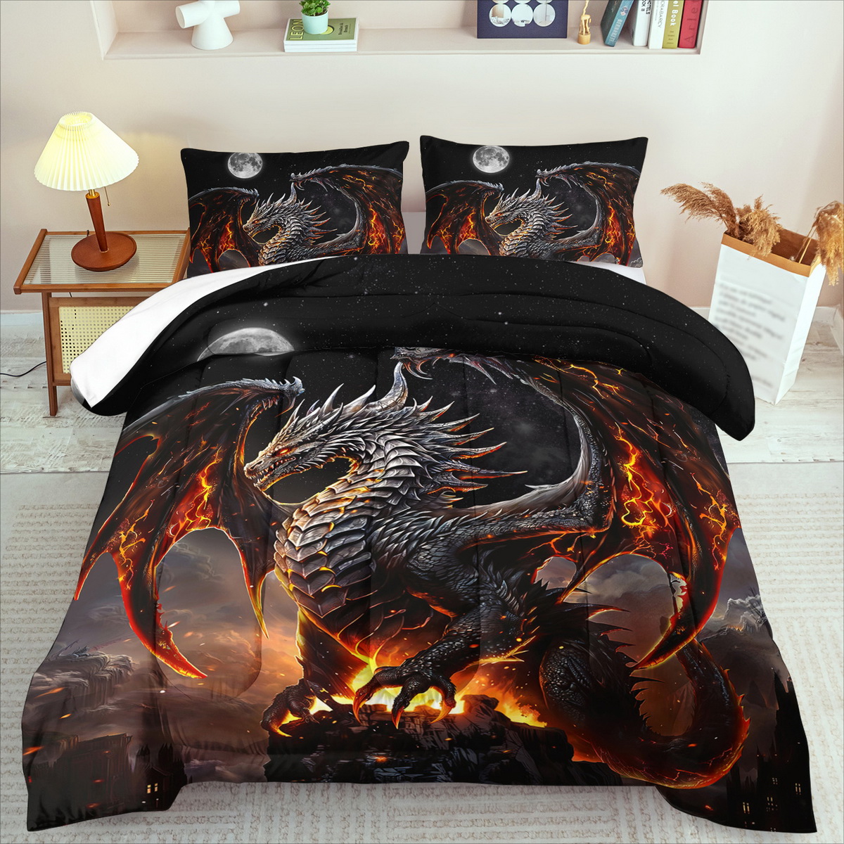 TEMU Ensemble de couette 3 pièces , literie Dragon Flamme, literie Bête Magique, couette Animal Fantaisie, décoration de chambre à coucher, couette