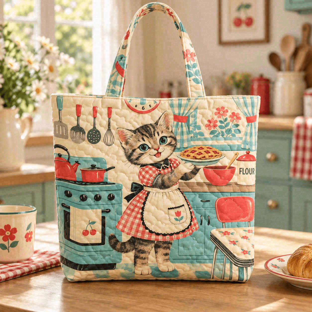 Vintage Kitchen Baking Kitten In A Dress Print Quilted Tote Bag, Large-capacity Casual Shoulder Handbag For Shopping, Picnics, Travel, Everyday And Weekend