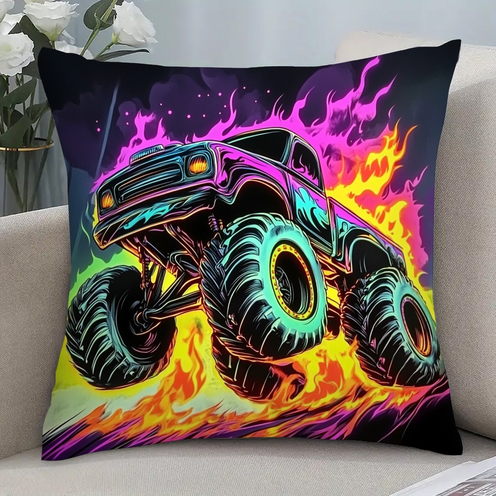 

1pc Vintage Monster Truck Design Throw Pillow Cover, Polyester, Woven, Decorative With Zipper Closure, Hand Wash Only, For Room Types