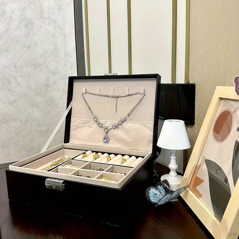 large capacity pu leather jewelry box with golden-tone hinges & locking mechanism - beige multi-tier organizer with soft cushioned compartments, drawers & open shelves for home, office, boutique storage - elegant gift box for jewelry, watches, accessories - contemporary style with golden-tone hardware, beige pu leather exterior, golden-tone   closure,   interior with multiple compartments & drawers, jewelry box large, large jewelry organizer storage, jewelry box Product details 3