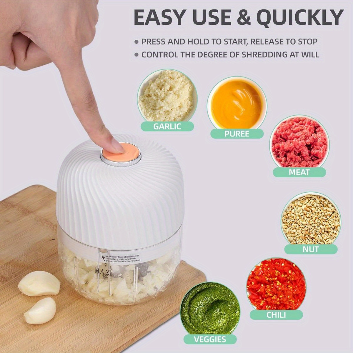 1-touch electric garlic  per with 8.45oz large capacity &   function ( /grind/mash/blend) - cordless mini food processor with usb-powered motor, 50-cut capacity, safety lock & bpa-free - compact portable design for vegetables, meat, ginger, chili, fruits - ideal for small kitchens & travel - 1-year   (30-day  ) - white & black options, mini garlic  per, garlic slicer thin cuts, garlic crusher plate, manual garlic press, garlic plate, Product details 1