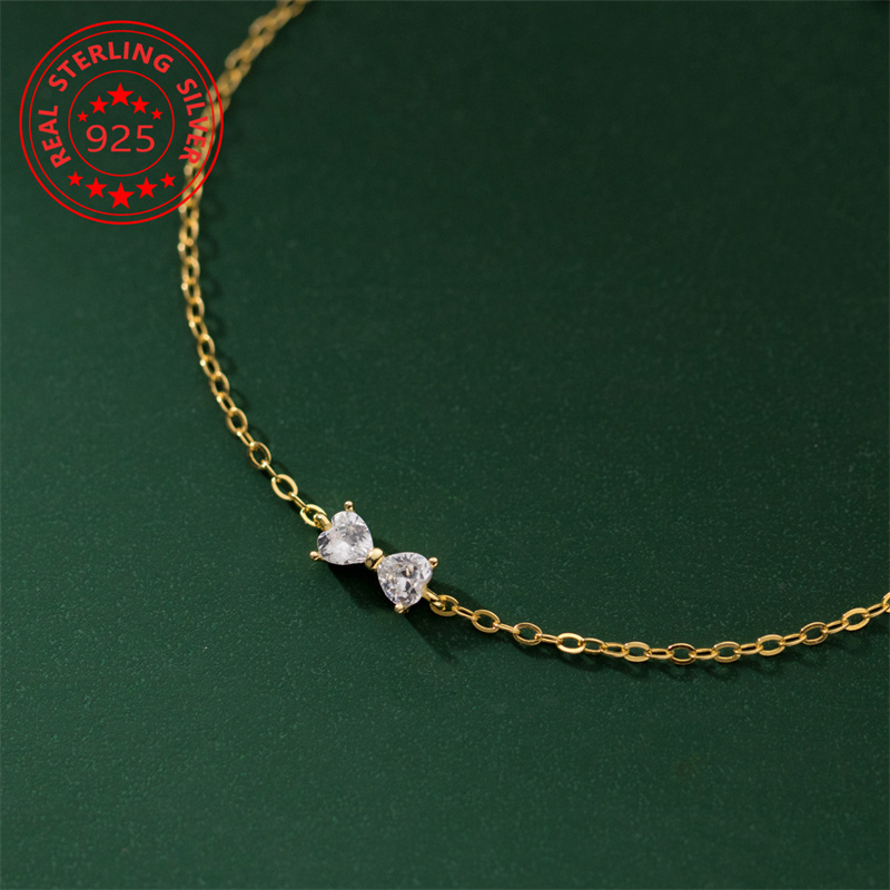 Image of S925 Sterling Silver Thin Mini Bow Heart Bracelet Women's Fashion Small Daily Wear Additions, Silver Weight About 1.3 Grams