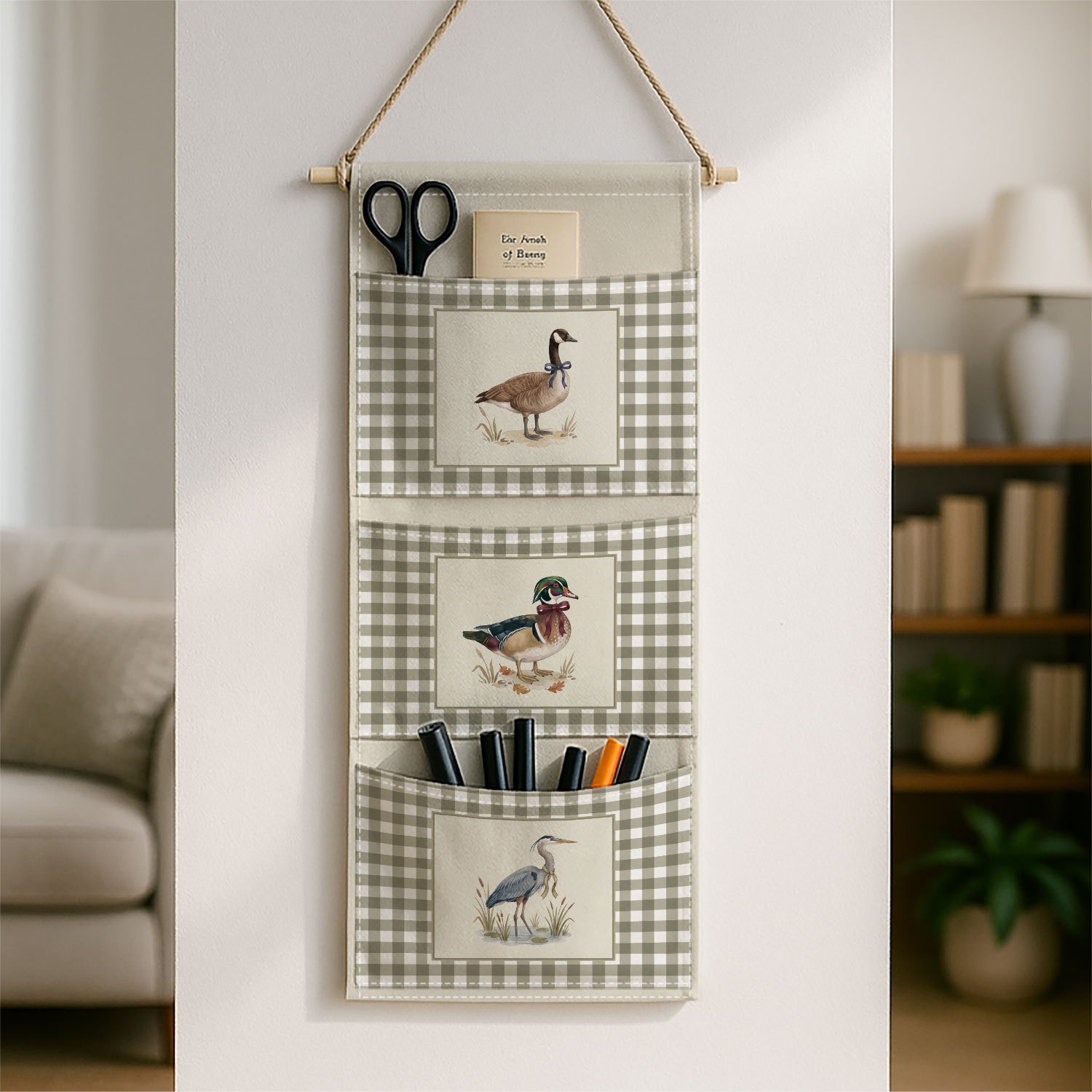 TEMU 1pc Rustic Farmhouse Minimalist Hanging Storage Bag With 3 Pockets, Goose Bird Checkered Pattern Suitable For Bedroom, Living Room Decor,