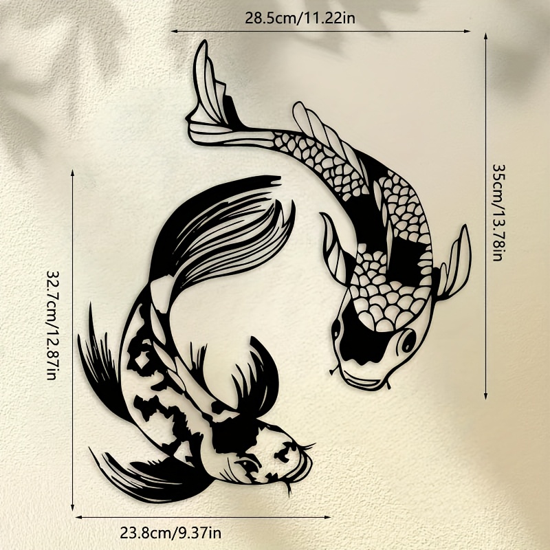 TEMU 2 Metal Wall Sculptures Of Koi Fish, Measuring 35.0 Cm - Featuring An Artistic Black And White With Green Leaves, Perfect For Decorating Homes,