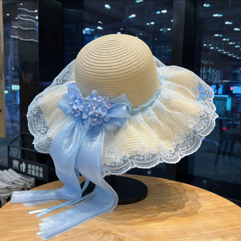 Image of Women's Sweet Lolita Style Straw Sun Hat, With Lace Ruffles, Floral Bow, And Long Ribbon, Suitable For Beach, , And Summer Occasions
