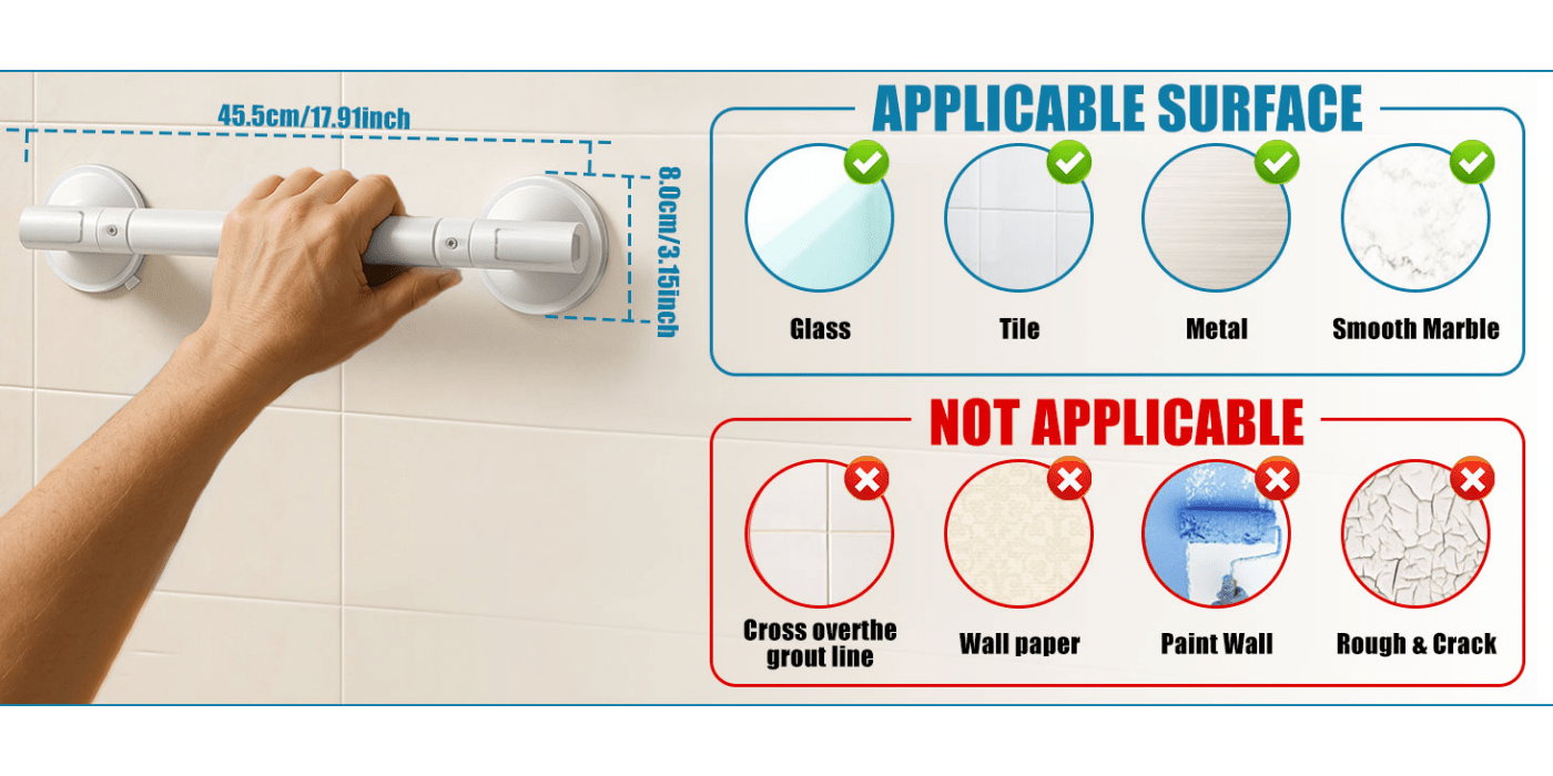 HEYMYTH 2-Pack Heavy Duty Shower Grab Bars for Elderly & Seniors - Strong Suction No Drill Bathroom Safety Handrails, Removable 45.01 cm Bathtub Grab Bars with Ergonomic Grip, Modern White Design