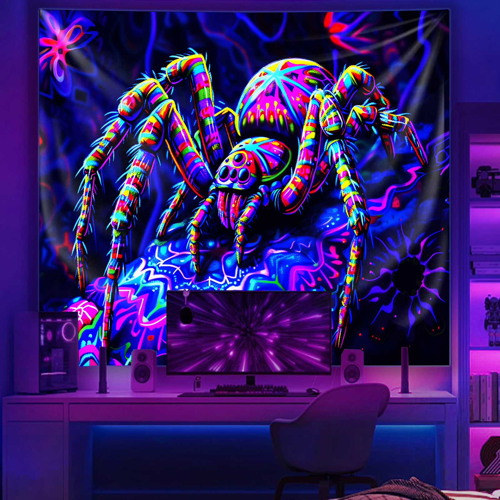Vibrant Tapestry Featuring a Spider Design That * Under UV Light *  Decorating Bedroom Walls with a Fluorescent Touch, image size:1600x1600