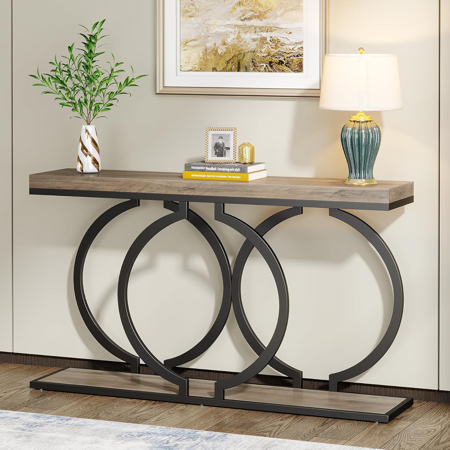 Industrial Console Table, 55 Inch Entryway Table With Geometric Metal Frame, Narrow Long Wood Accent Sofa Table For Living Room, Entrance, Hallway