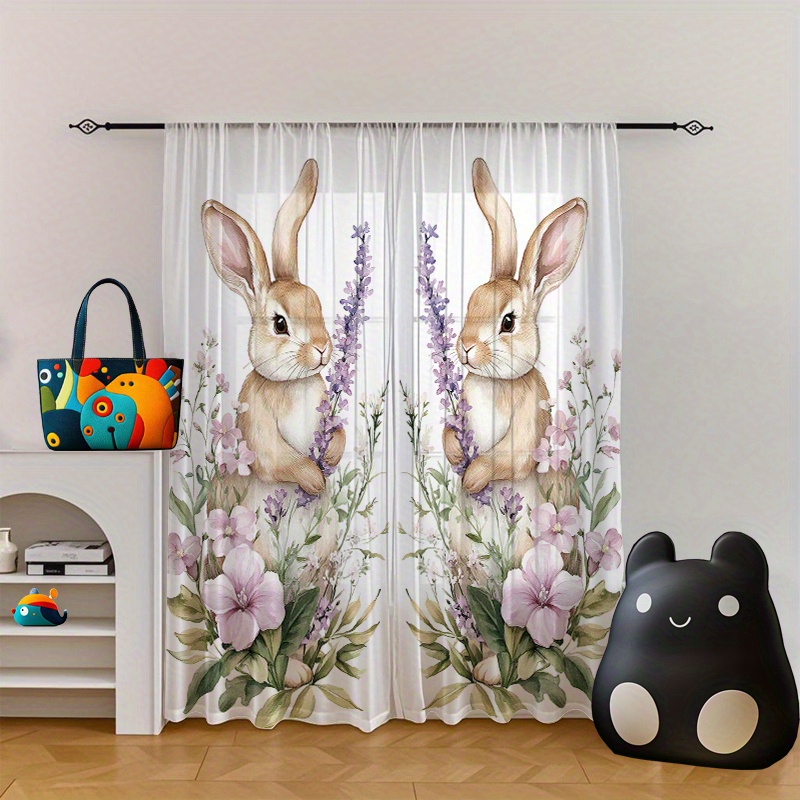 TEMU 2pcs Floral Rabbit Print Curtains - Spring Design With Lavender , 100% Polyester Semi-sheer Rod Pocket Window Drapery, Machine Washable For