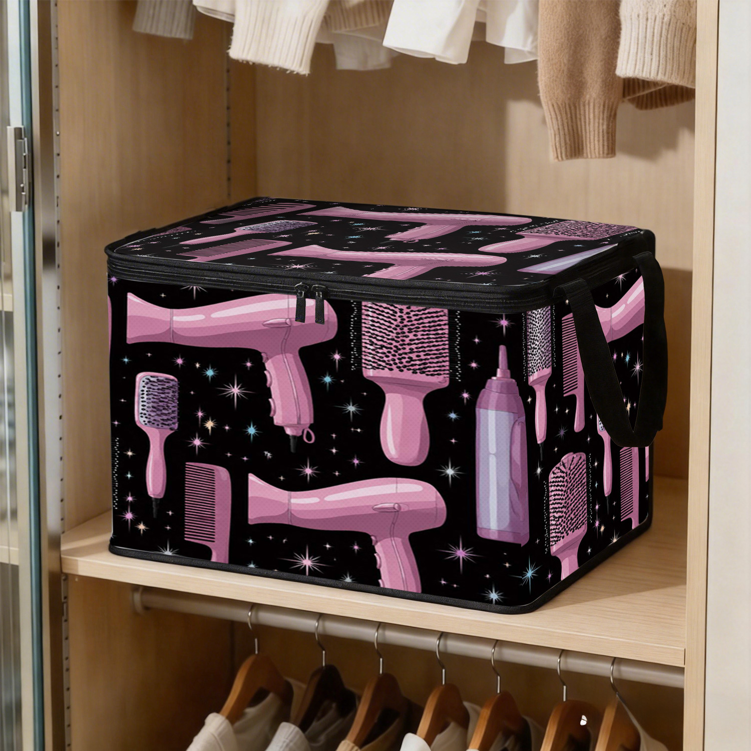 TEMU 1pc Foldable Zipper Storage Box, Pink Hair Dryer Cylinder Comb Straightener Hair Clip Hair Styling Tool Print Storage Case, Foldable Zipper