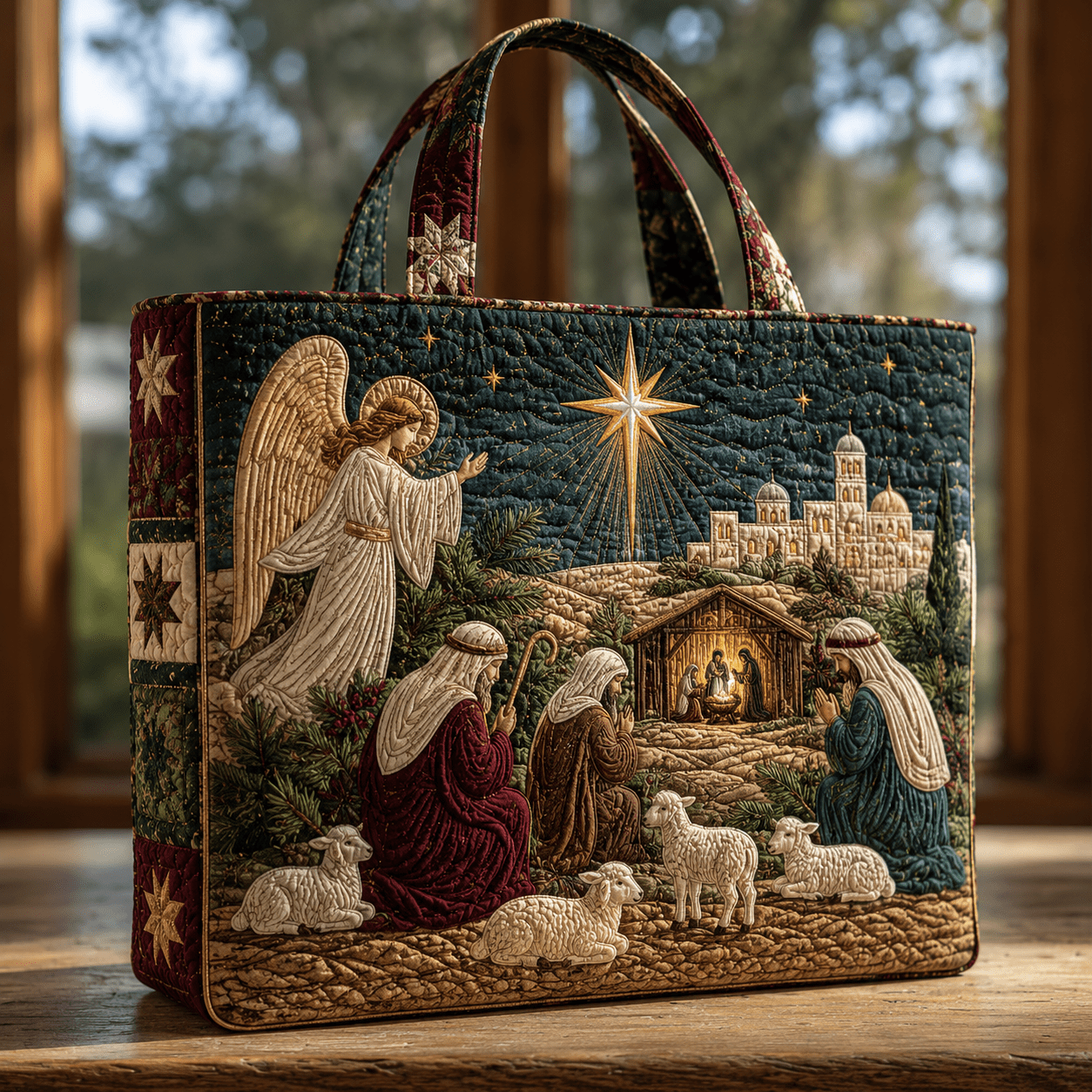 TEMU Christmas Nativity Scene Quilted Tote Bag, Vintage Christian Farmhouse Handbag For Church, Christmas Eve Services, Bible Study, Holiday And Gift