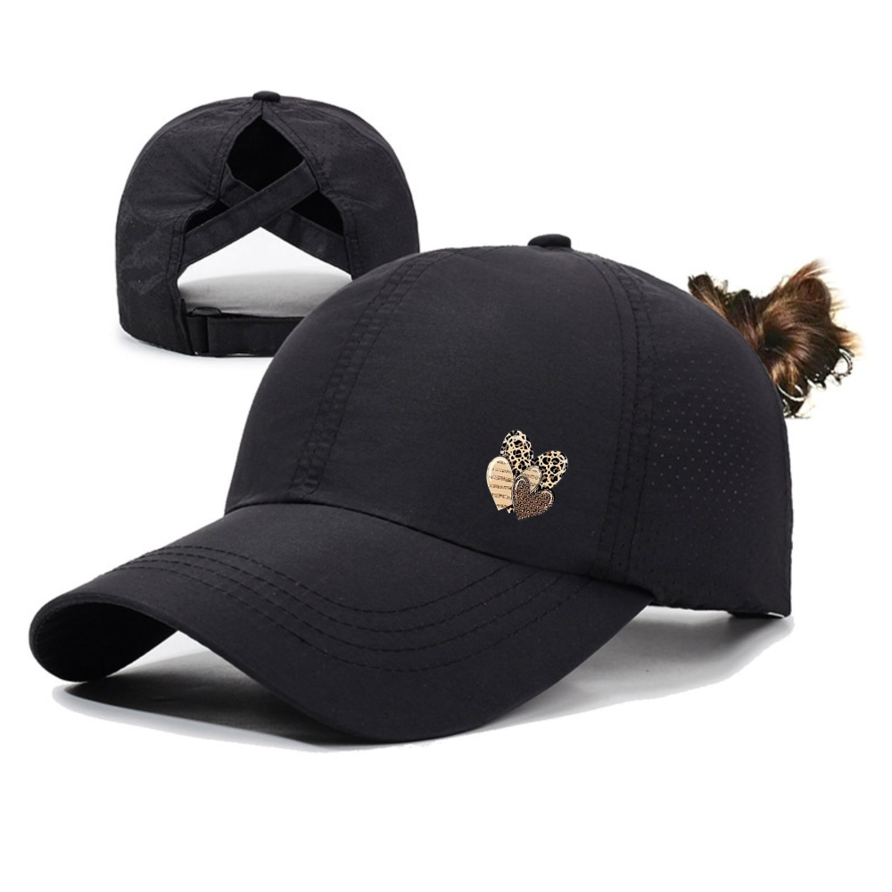 Summer New Cross Mesh Ponytail Baseball Cap For Women, Lightweight, Casual, Quick Drying, Breathable Sun Hat With Heart Print