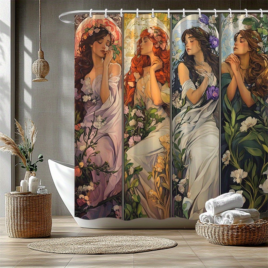 TEMU 1pc Rideau de Douche - Florale Pastel avec Trois Femmes, Tissu Polyester Durable, Décor de Salle de Bain 70x70 Pouces avec 12 Crochets, Lavable