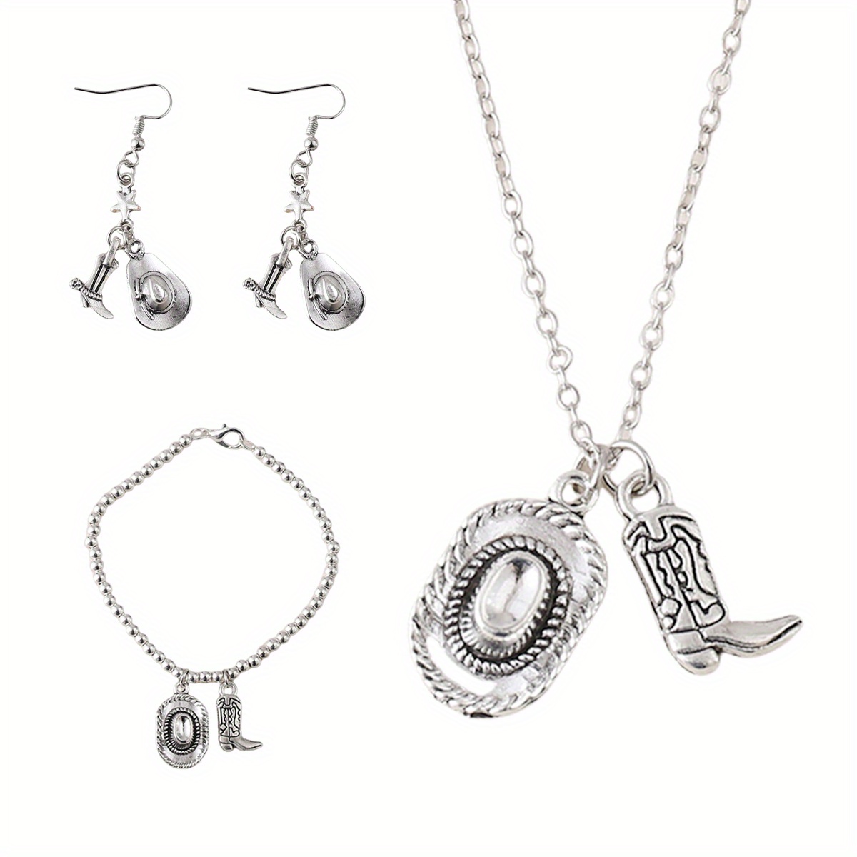A 4pcs Vintage Cowboy Hat And Boots Jewelry Set, Unisex Silvery Cowboy Hat And Boots Adjustable Necklace, Western Cowboy-themed Pendant Earrings, Vintage Jewelry Party Gift