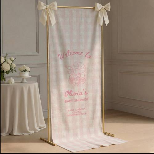 personalized gingham baby shower banner welcome sign custom name text suitable for baby or decor horizontal gingham print backdrop for photo booth baby showers birth fabric decoration