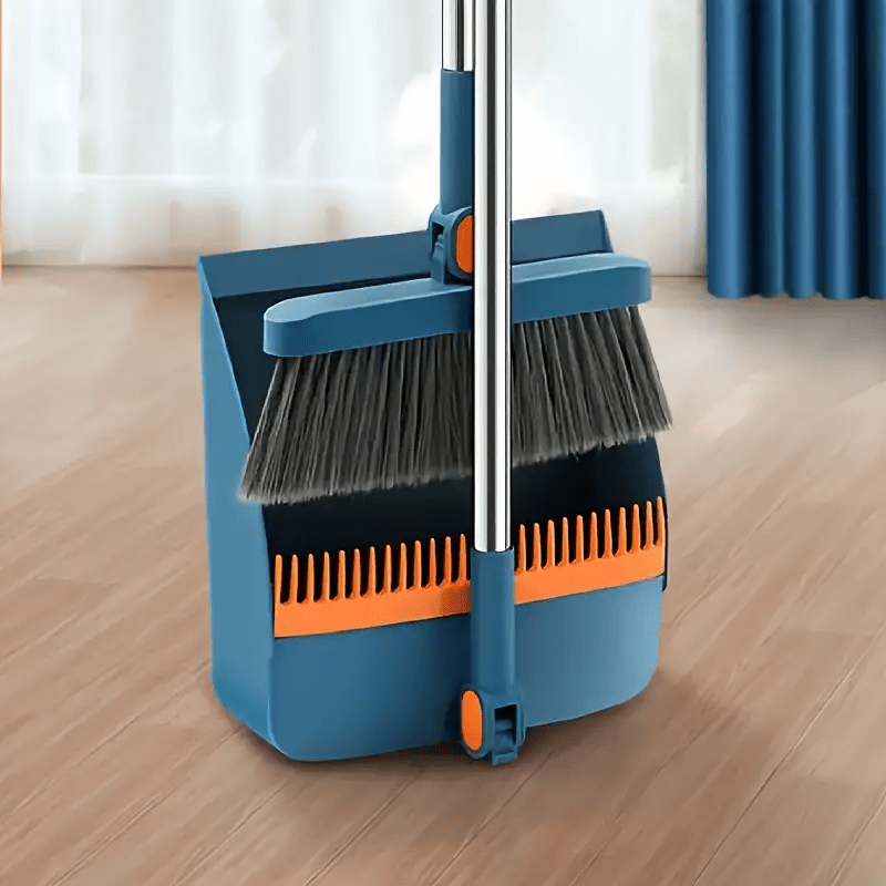 TEMU Ergonomic Long-handle Broom And Dustpan Set With Swivel Head And Comb - Home, Office, And Commercial Cleaning