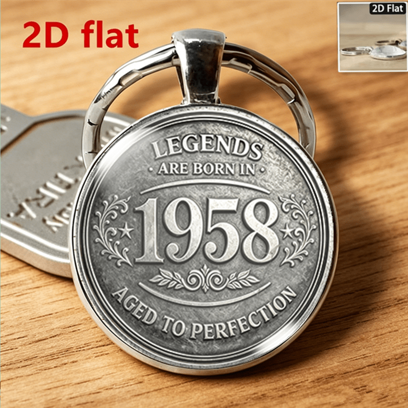 TEMU 2d Alloy Glass Keychain, Vintage Distressed 1958 Year Commemorative Pendant, Printed With Are 1958, Aged To Perfection, Retro And Pentagram
