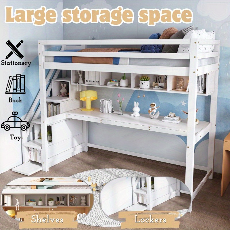 Wooden Bunk Bed 90190cm Loft Bed with Storage Stairs Made of Pine Wood Bed with Large Desk and Sheets with Slatted Frame White