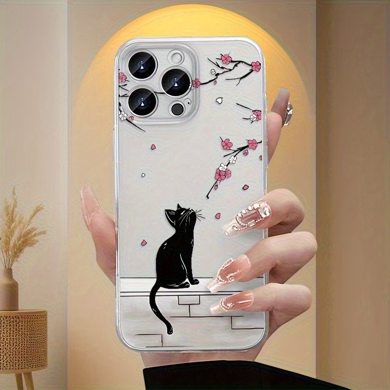 Image of Phone Case - Phone Case- 1pc Falling Petals Black Cat Trendy Pattern Transparent Phone Case Full Coverage Tpu Anti-fall Durable Shockproof For Iphone 17 16 15 14 13 12 11 Pro Xs Xr 8 7 Plus