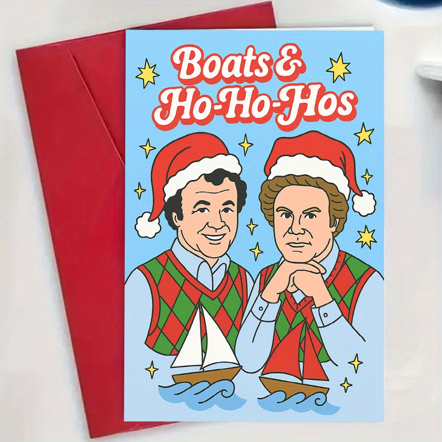 TEMU A "boats & -hos" Movie-themed Christmas Card Featuring A In A Santa Hat, Wearing A Rhombus Vest And Sailing A Boat. Designed For Comedy And Male