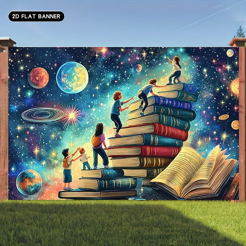 TEMU 2d Flat, 1pc 1pcs Suitable For Back-to-school Banner With Children Climbing Book Stack & Starry Sky - Fantasy Classroom Decor, Book-themed